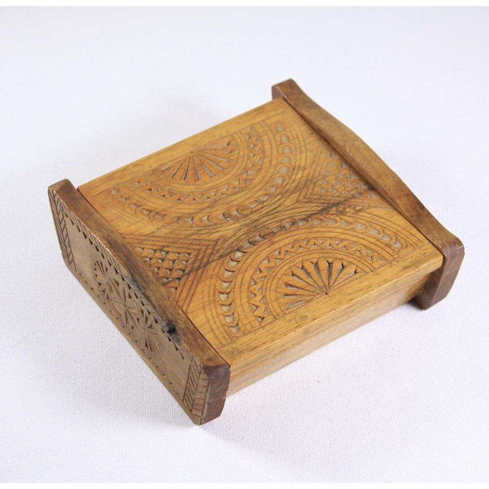Vintage chip carved wooden card box cigarette box, home office desk tidy